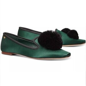Tory Burch Vintage Fern Green Satin Smoking Flats w/Black Pom-Poms Size 7 $328